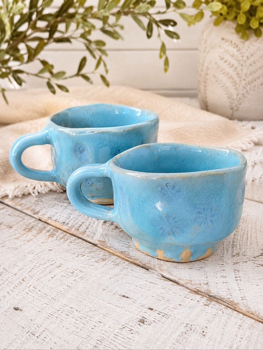Handmade Pottery Mug Set Blue Artisan Stoneware Coffee Organic Freeform